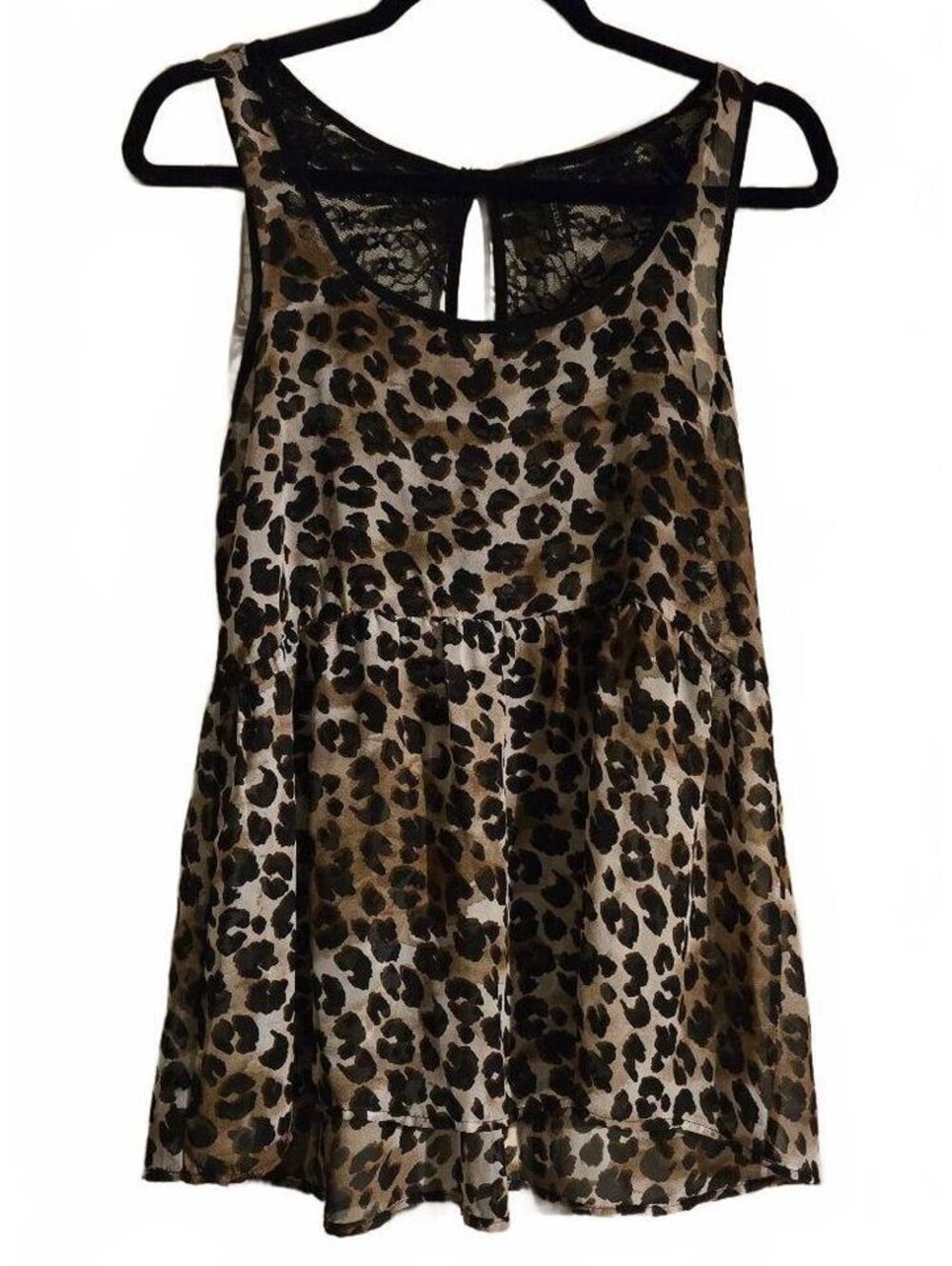 Leopard Print Tank Top Sz. M Black Lace Back High Low Babydoll Y2K Indie Sleaze